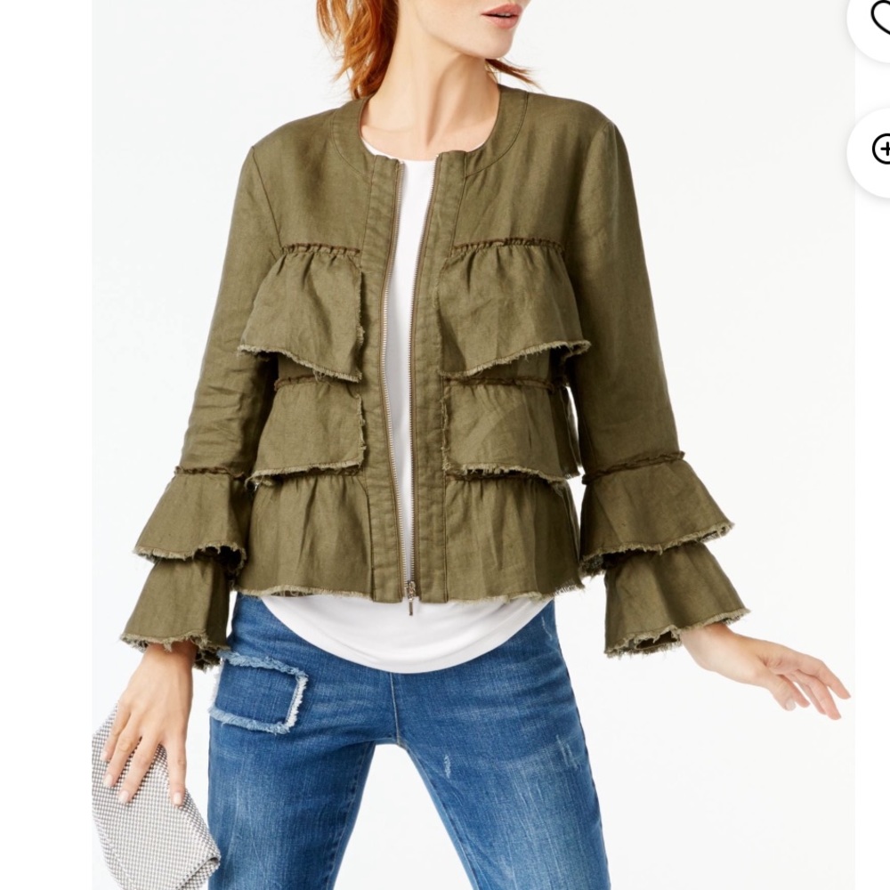 INC Army Green Ruffled Linen Jacket